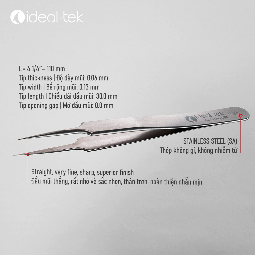 Ideal Tek 5-SA-0-ITU High Precision Medical-Grade Stainless Steel Tweezer  with Straight, Sharp, Very Fine, Pointed Tips